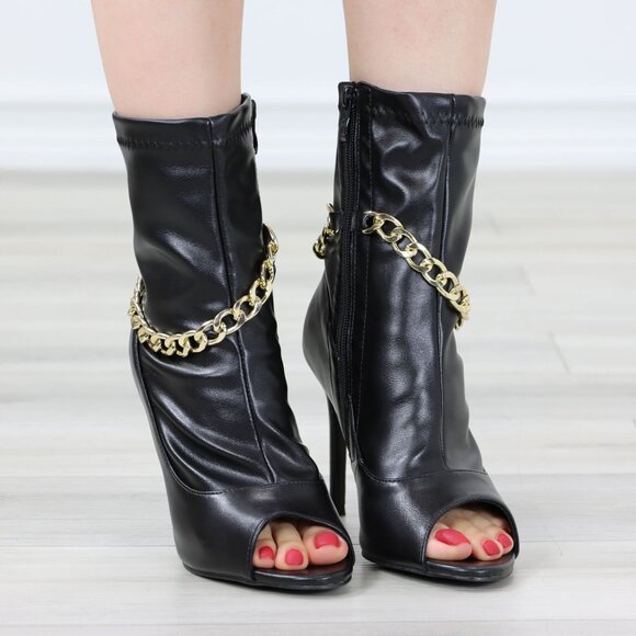 Black Open Toe High Heel Boots Trendy Gold Ankle Chain Heeled Stiletto's - Picture 12 of 13